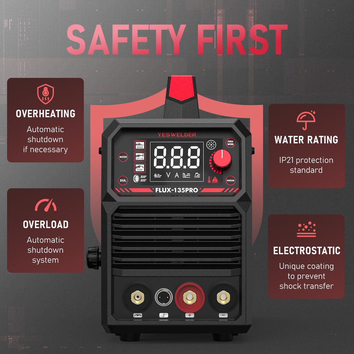 YESWELDER 135Amp MIG Welder,110V Flux Core Welder Flux MIG/Lift TIG/Stick 3-in-1 Large LED Digital Display Welding Machine IGBT Inverter Welder FLUX-135PRO YESWELDER