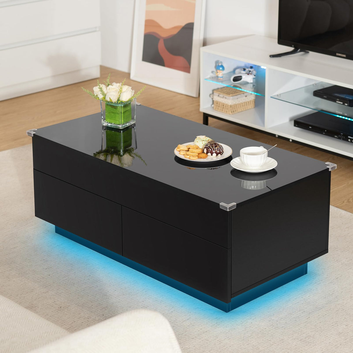 HOMMPA Lift Top Coffee Table with Hidden Storage LED Coffee Table Morden High Gloss Black Living Room 3 Tiers Modern Tea Table with Storage Center Tables Hidden Compartment & 2 Drawers HOMMPA