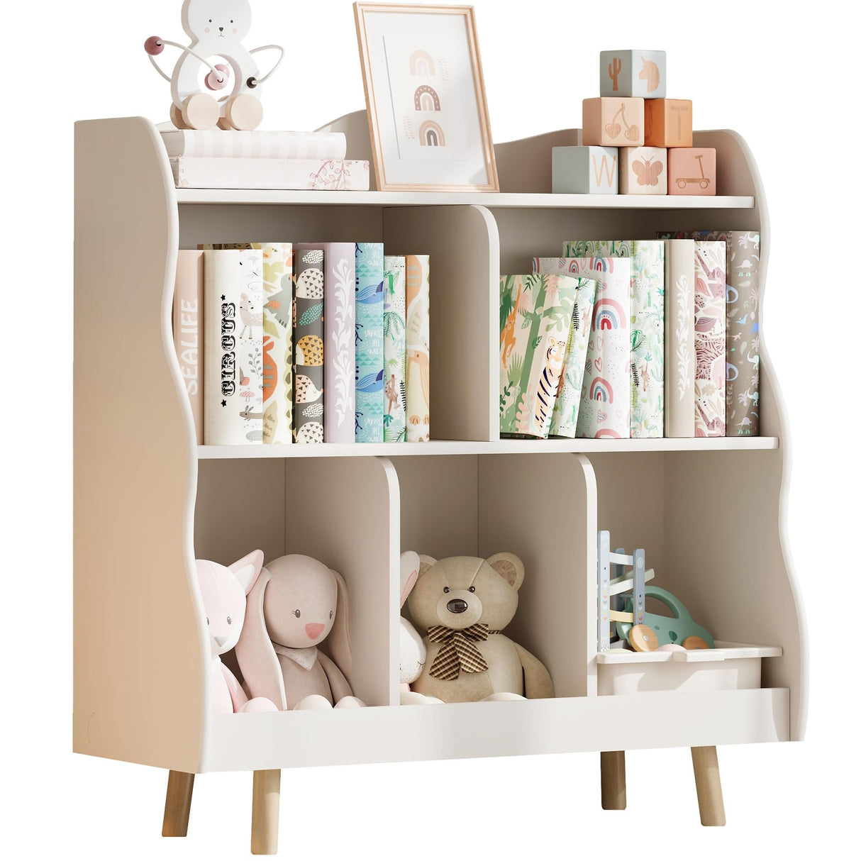 Treocho Kids Bookshelf and Toy Storage Orangizer, 3-Tier Wooden Children's Bookcase with Curve Design, 5 Cubbies Toy Storage Cabinet Display with Legs for Children's Room, Playroom, School, White Treocho