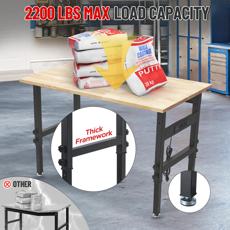 48" Adjustable Work Bench Garage Workbench with Power Outlets, 2200 Lbs Capacity Hardwood Top Work Bench Table Heavy-Duty Workbench for Garage, Workshop, Office, Home BMJX US