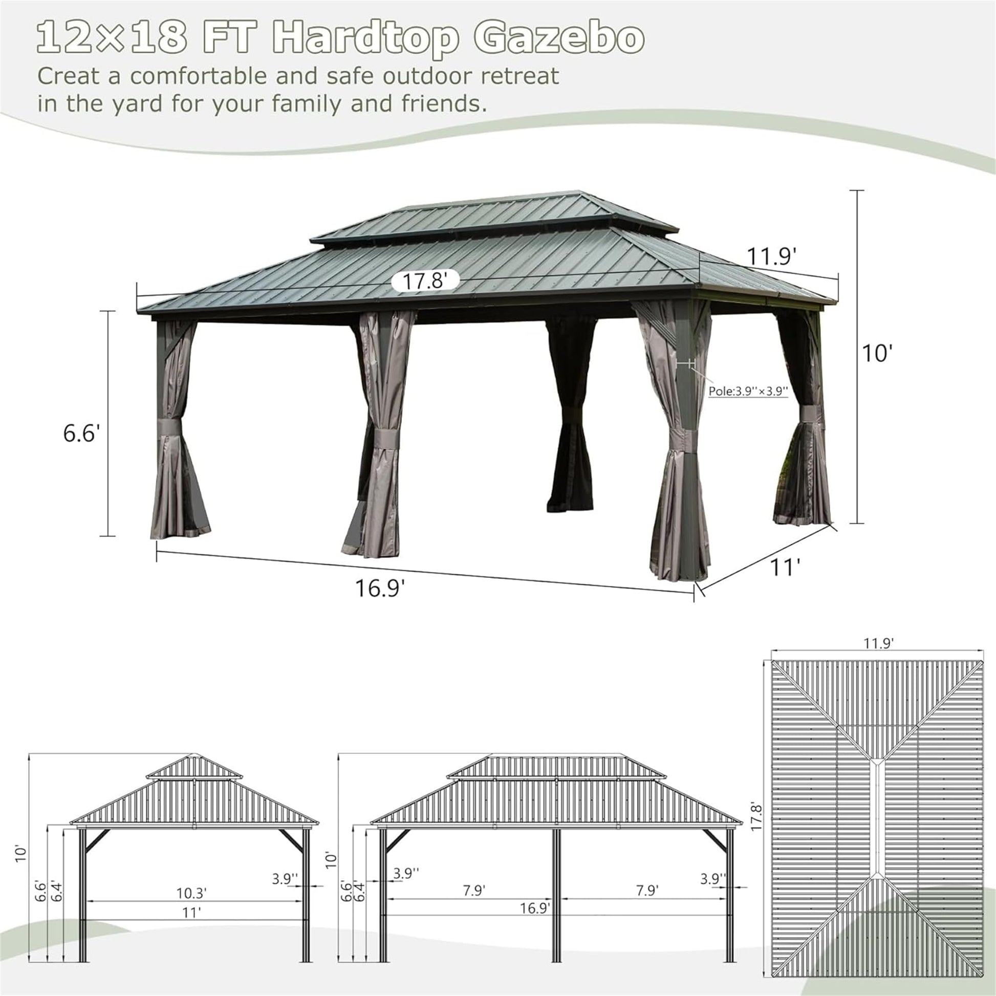 12' X 18' Hardtop Gazebo, Aluminum Metal Gazebo with Galvanized Steel Double Roof Canopy, Curtain and Netting, Permanent Gazebo Pavilion for Patio, Backyard, Deck, Lawn - WoodArtSupply