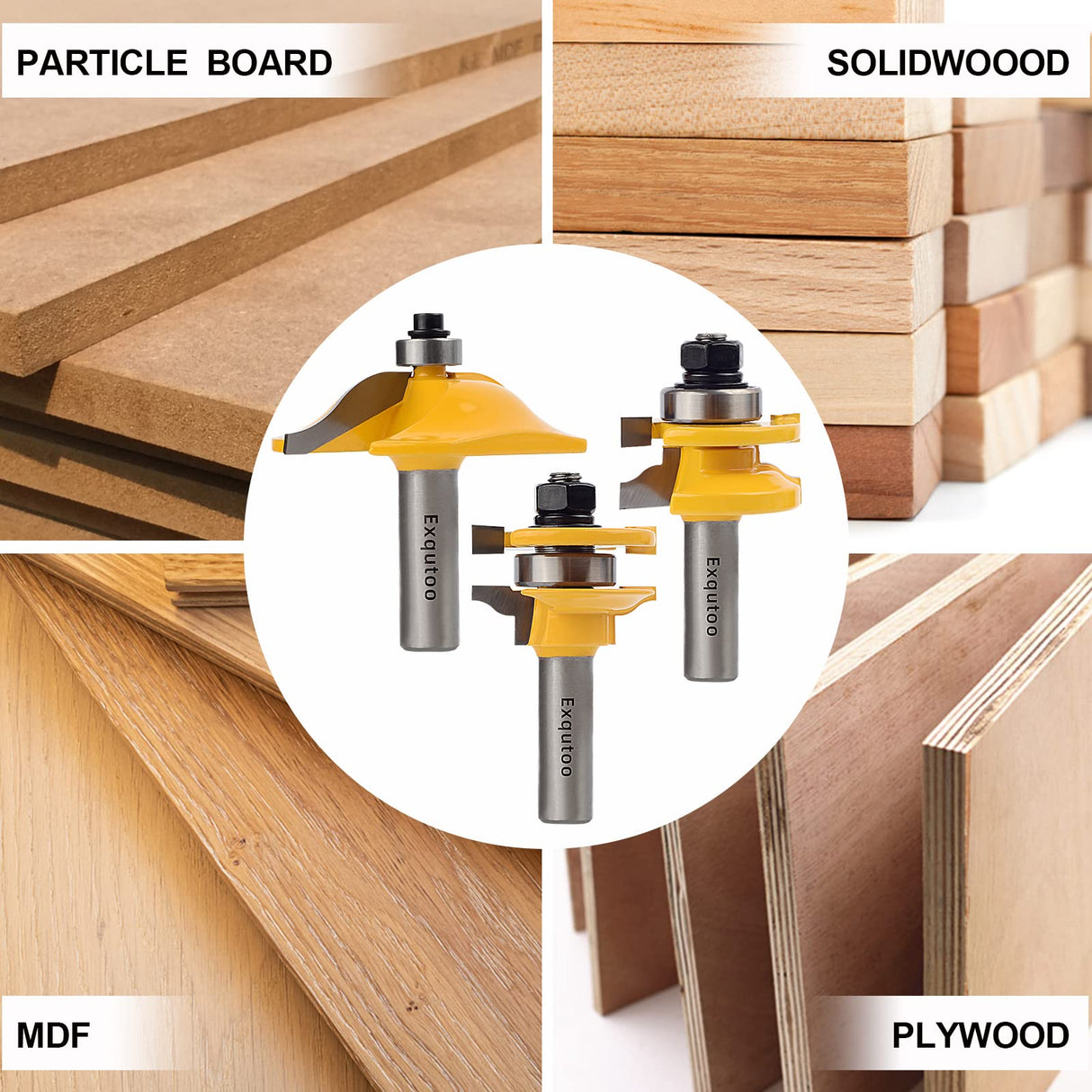 Exqutoo 3PCS 1/2" Shank Router Bit Set, Raised Panel Cabinet Door Making Router Bits, Cemented Carbide Router Bits, Woodworking Tools Router Door & Window Bits (Tenon Joint Cutter Diameter: 1-5/8") Exqutoo