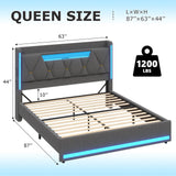 BYSAUD Queen Bed Frame with Storage Headboard & Hidden Storage, Upholstered Bed Frame Queen Size with LED Lights, with Charging Station, No Noise, No Box Spring Needed, Gray, Linen Cloth BYSAUD