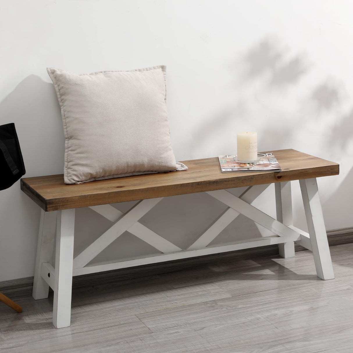 Wnutrees 43" Farmhouse Wood Bench, Rustic Solid Wood Entryway Bench Seat with Double X-Structure for Dining Room, Living Room, Hallway, Structural Stability, White Wnutrees