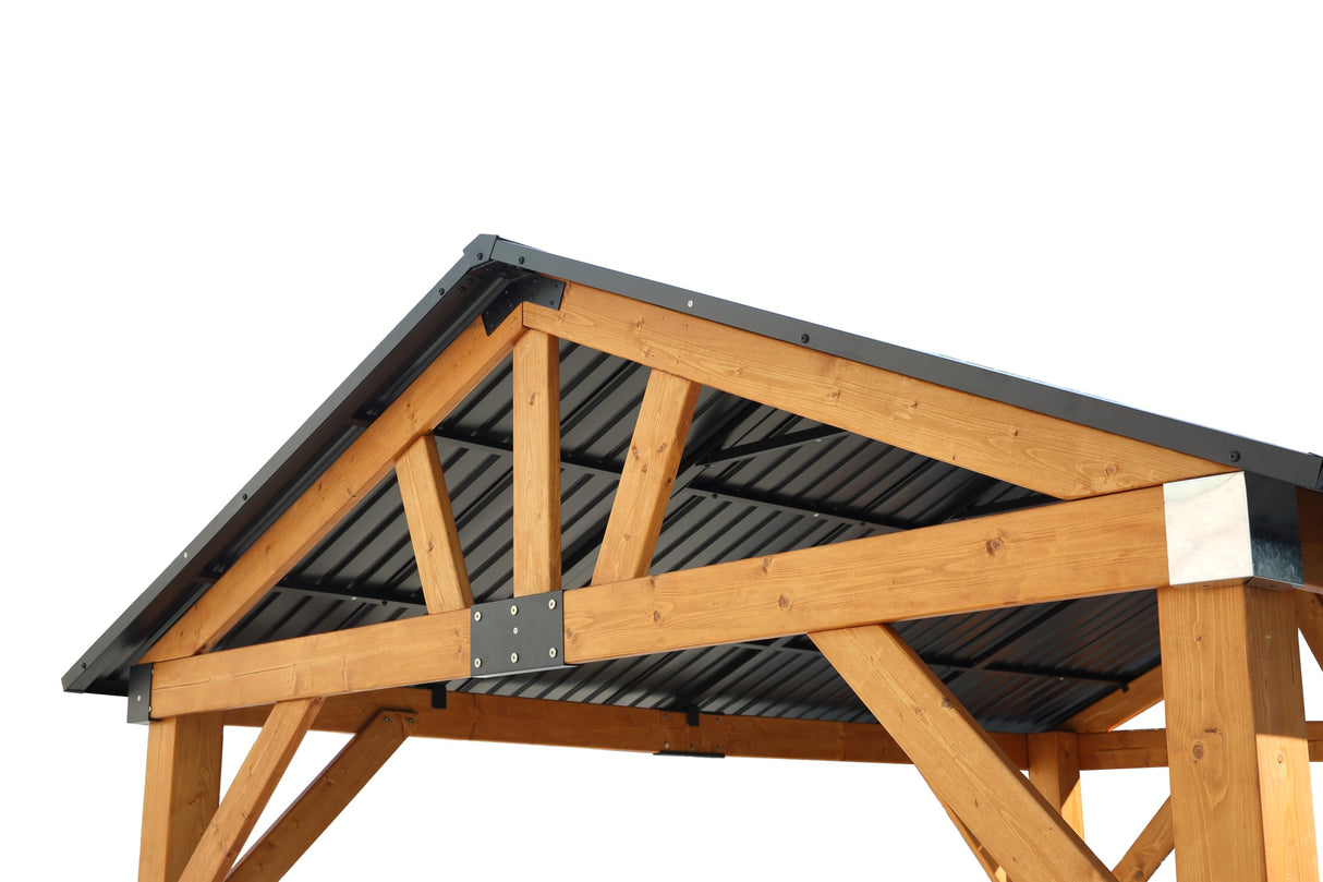 YOPTO 12x8.5 FT Wood Carport Pavilion Gazebo,Canopy Tent wiht Hard Top Steel Metal Slope Roof and Feet,All Weather Protected,Waterproof Garden Pergola for ackyard,Swimming Pool,Light Brown YOPTO