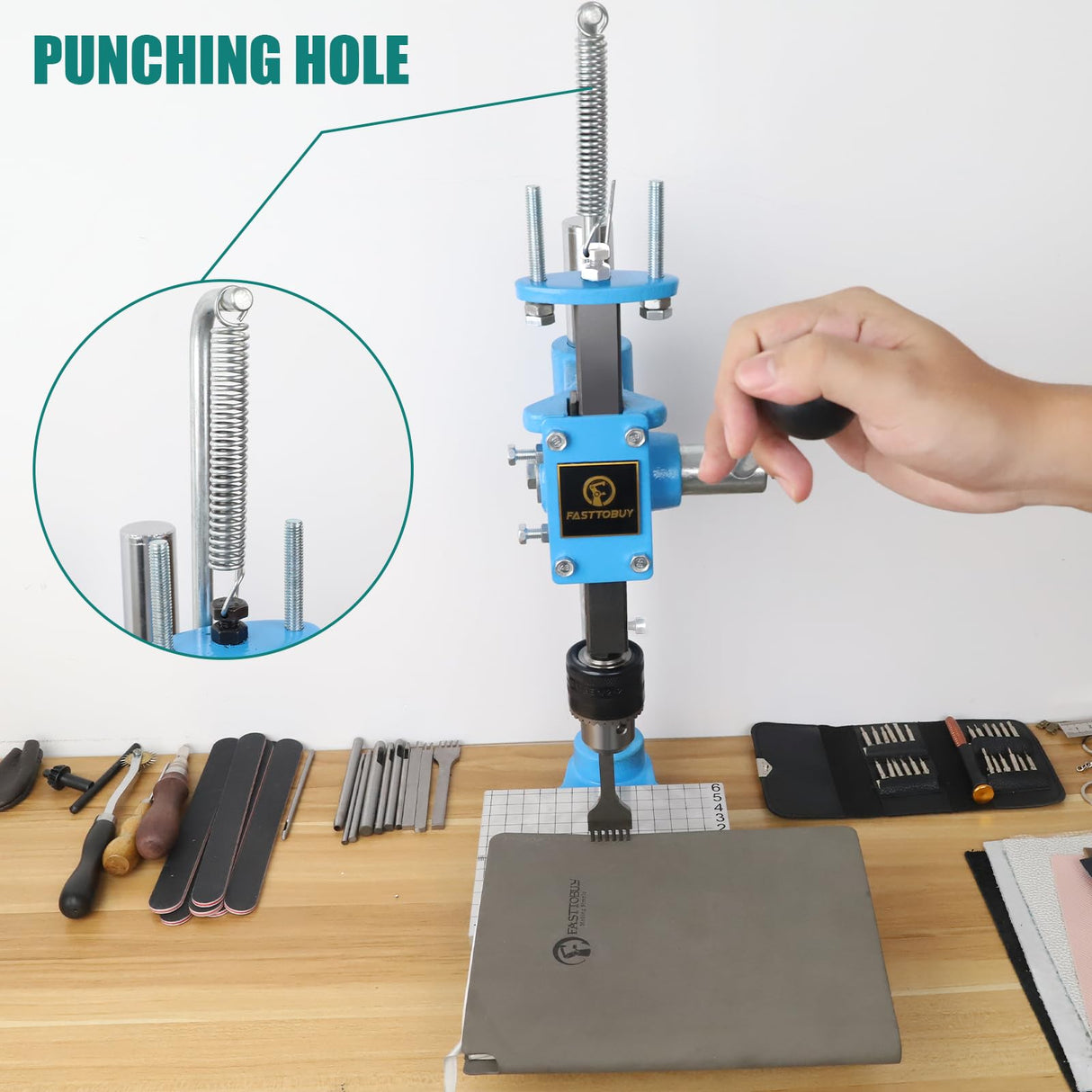 FASTTOBUY Leather Hole Puncher Hand Punching Machine Manual Press Puncher Punch Tools for DIY Leather Craft Punching Holes and Forming Pressing(with Chuck, PP Plate,Aluminum Plate) FASTTOBUY