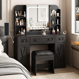 Vabches Black Vanity Desk, Vanity Mirror with Lights, Makeup Vanity Desk with Stool, Vanity Table with Large Storage Drawers and Shelves, Time and Temperature Display, 3 Led Lighting Modes Adjustable Vabches
