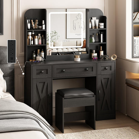Vabches Black Vanity Desk, Vanity Mirror with Lights, Makeup Vanity Desk with Stool, Vanity Table with Large Storage Drawers and Shelves, Time and Temperature Display, 3 Led Lighting Modes Adjustable Vabches