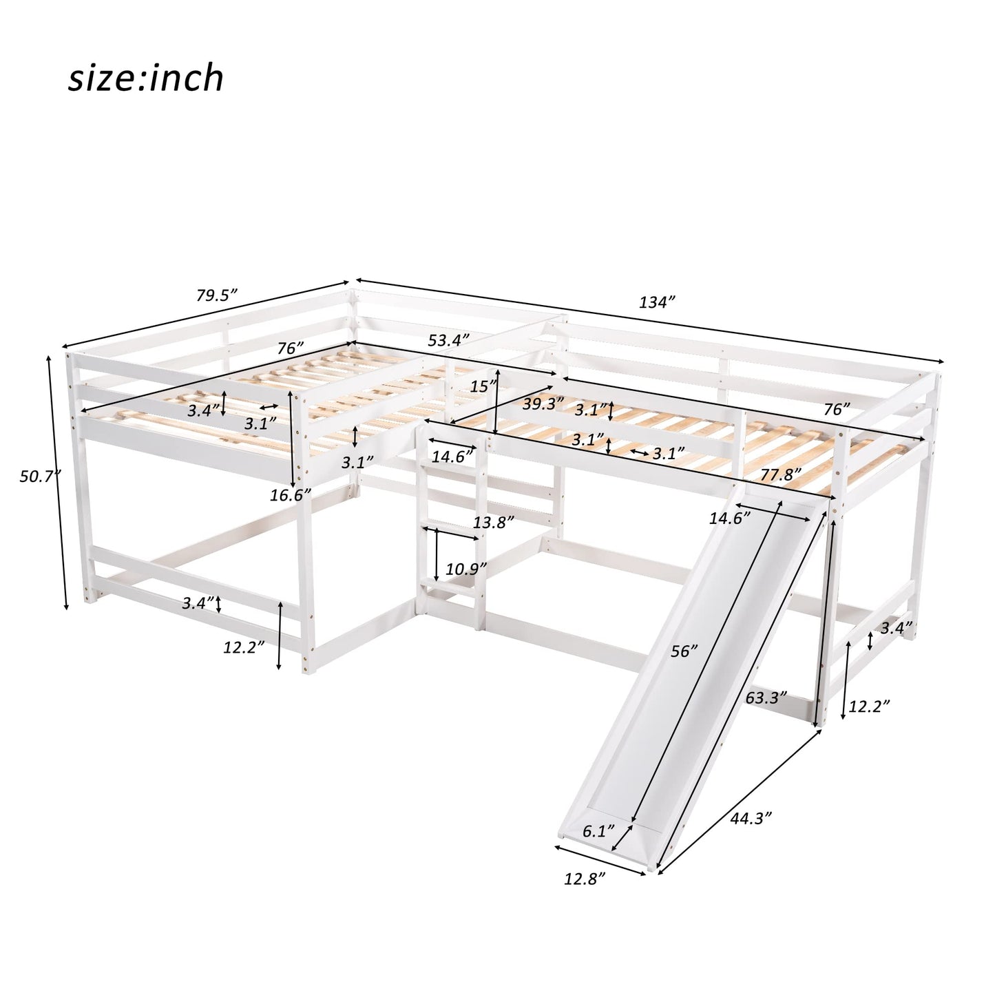 VilroCaz L-Shaped Bunk Bed Twin Over Twin and Full Over Full Size, Solid Wood 4 in 1 Design Quad Bunk Bed Frame with Slide and Safety Guardrail for Kids Teens Adults, Maximized Space (White-Quad)