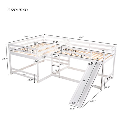 VilroCaz L-Shaped Full and Twin Size Bunk Bed with Slide and Short Ladde, Solid Wood 4 in 1 Design Quad Bunk Bed Frame with Safety Guardrail for Aldults Kids Teens (White-4)