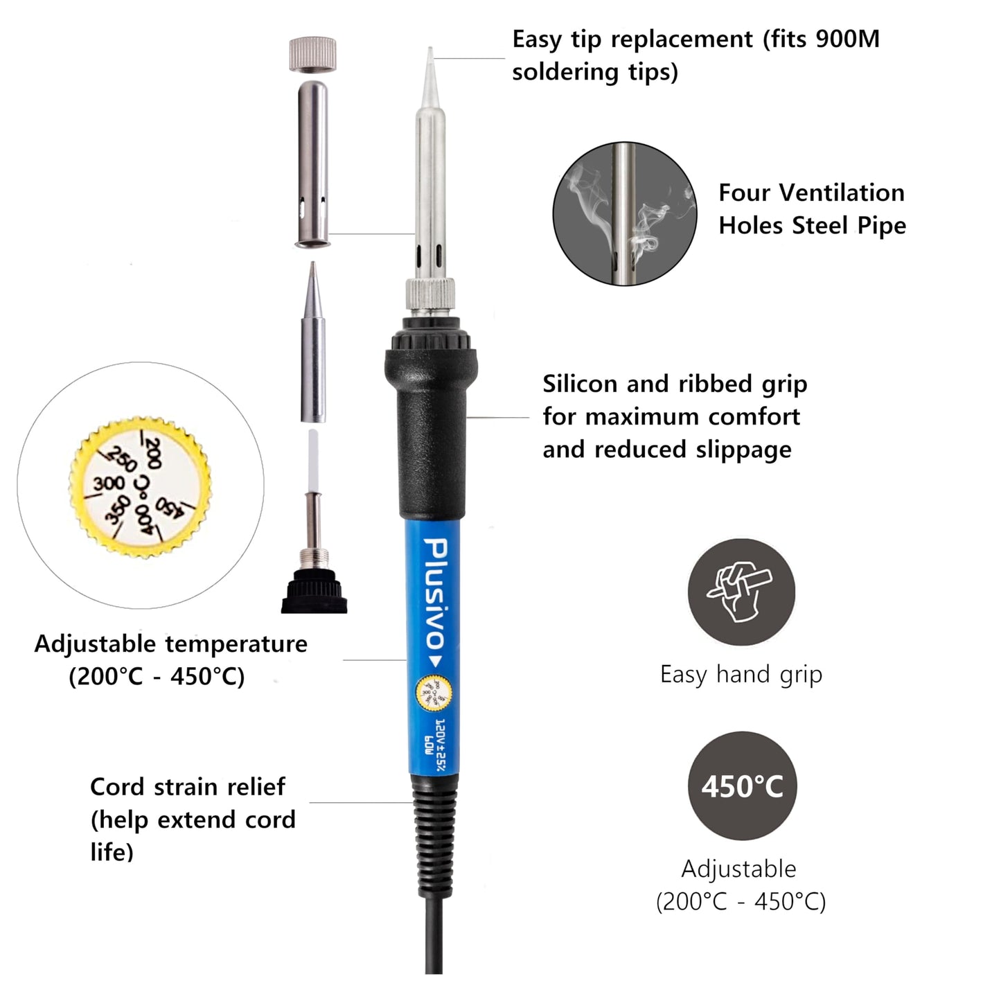 Soldering Iron Kit Electronics, Adjustable Temperature Soldering Iron 60W, Solder Wire, Solder Paste, Mini Stand from Plusivo