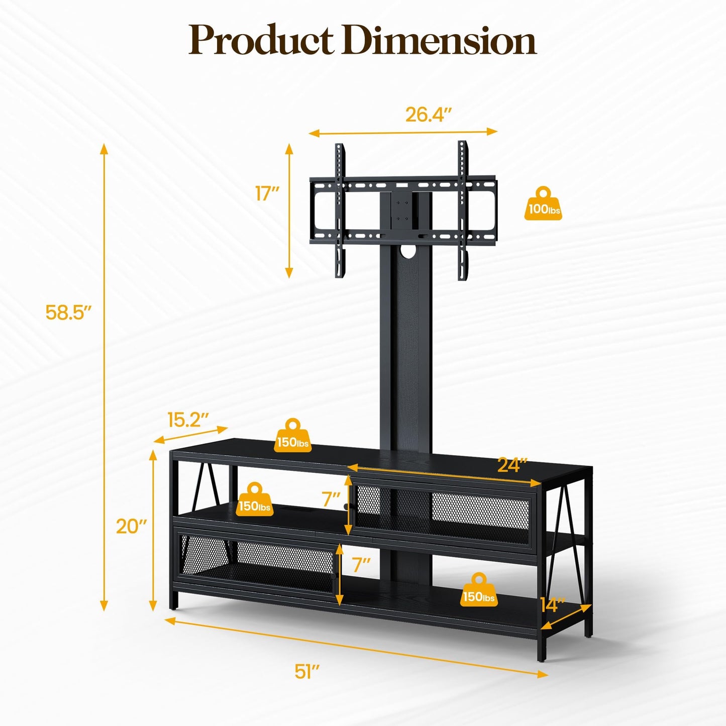 RoyalCraft TV Stand with Mount, TV Entertainment Center with Storage for 32-70 inch TVs, Swivel TV Stand with Power Outlet and LED, Modern Media Console for Living Room, Bedroom, Jet Black