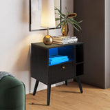 VIWODS Nightstand with Charging Station and LED Lights, Bedside Table with Solid Wood Legs for Bedroom, Black Oak and Blue VIWODS