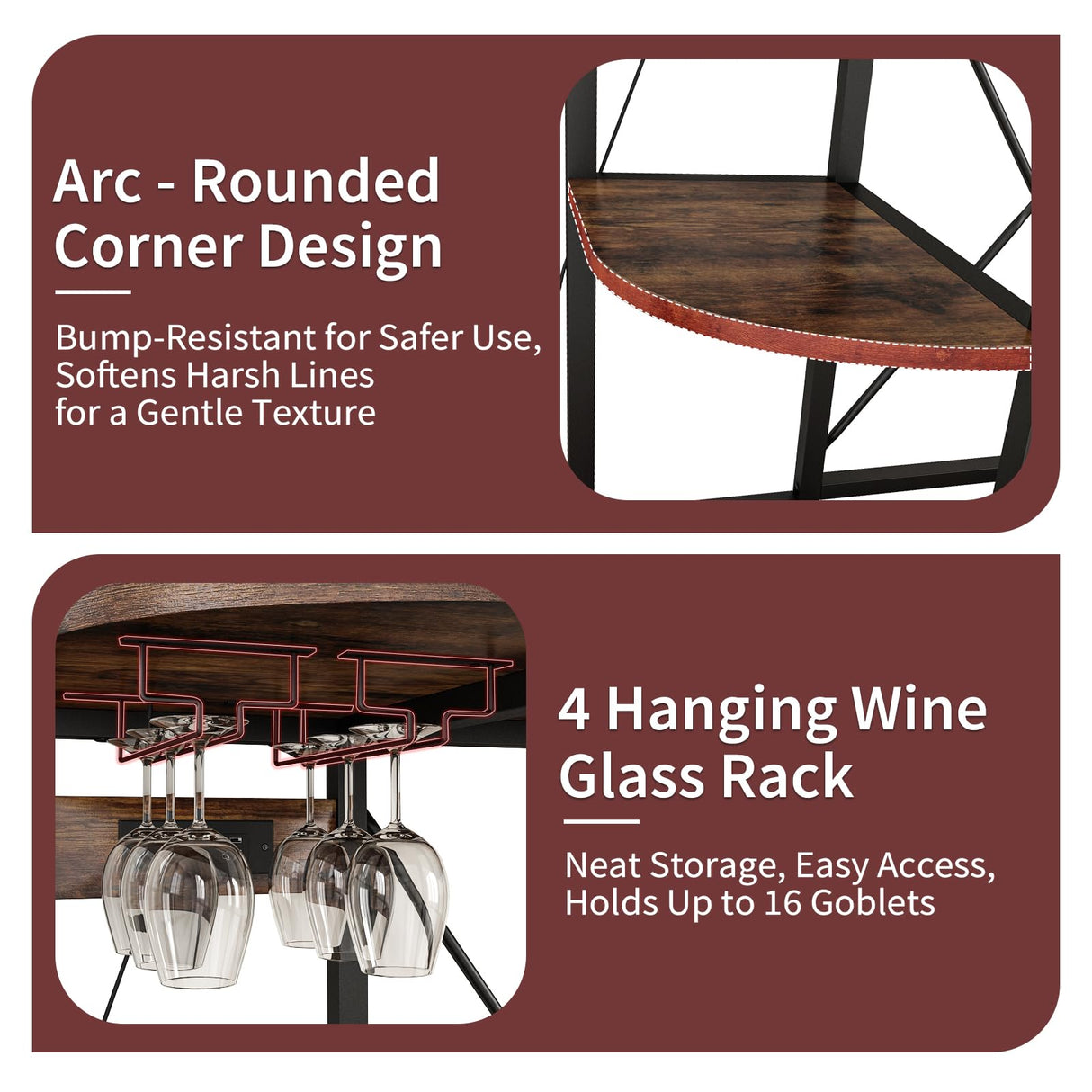 METYERRY Bakers Rack with Power Outlet and LED Light, Microwave Stand with Storage，Coffee Bar Cabinet with Wine Rack,Kitchen Shelf Suitable for Kitchen, Dining Room, Living Room, Rustic Brown METYERRY