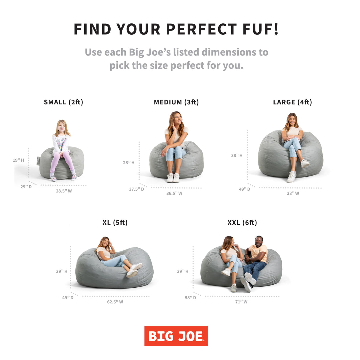 Big Joe Fuf XL Foam Filled Bean Bag Chair with Removable Cover, Black Plush, Soft Polyester, 5 feet Giant Big Joe