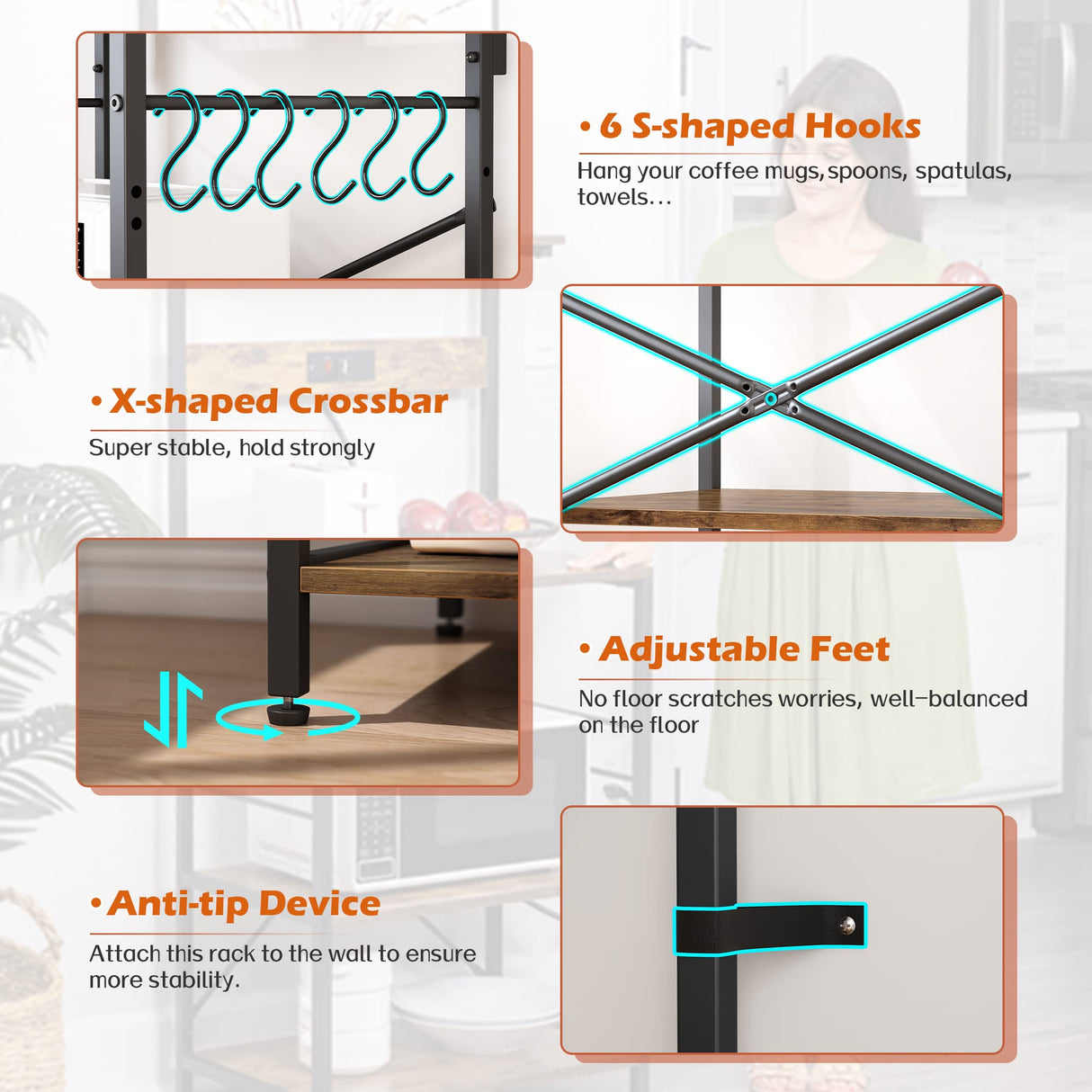 Rustic Brown SUPERJARE Kitchen Bakers Rack with Power Outlets and Hooks - 4-Tier Storage Shelf for Microwave, Coffee Bar, and More SUPERJARE