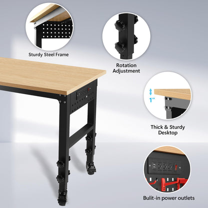 Adjustable Workbench, 72"×24" Garage Worktable with Power Outlet & Universal Wheels, Lift Height 30"-39", Heavy Duty 2000 LBS Load Capacity Hardwood Workbench Suitable for Workshop, Office, G - WoodArtSupply