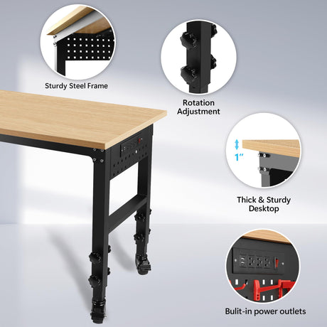 Adjustable Workbench, 72"×24" Garage Worktable with Power Outlet & Universal Wheels, Lift Height 30"-39", Heavy Duty 2000 LBS Load Capacity Hardwood Workbench Suitable for Workshop, Office, Garage CuisinSmart