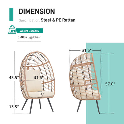 Patiorama Wicker Egg Chair Outdoor Indoor, Rattan Lounge Chair for Outside w/Legs Cushion, Basket Wicker Chair for Bedroom Living Room Front Porch Backyard Garden 350 lbs Capacity (Creamy White)