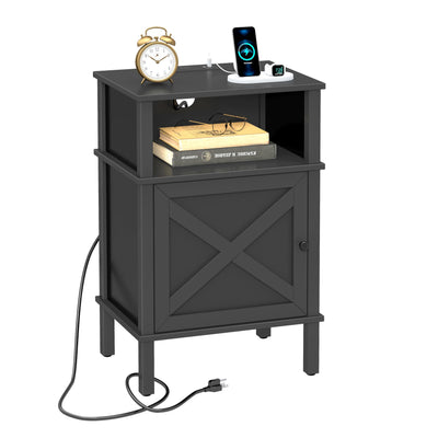 CIILAAILE Nightstand with Charging Station, Farmhouse Nightstand, end Table with 2 Tiers Storage Space and Storage Cabinet, Sofa Side Tables for Bedroom, Living Room BZ0601BKE