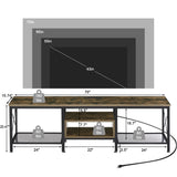 VECELO TV Stand with Power Outlets for 75 Inch Industria Media Entertainment Center with Charging Station, 3-Tier Open Shelves & Metal Frame for Living Room, Bedroom, 70 Inch, Brown VECELO
