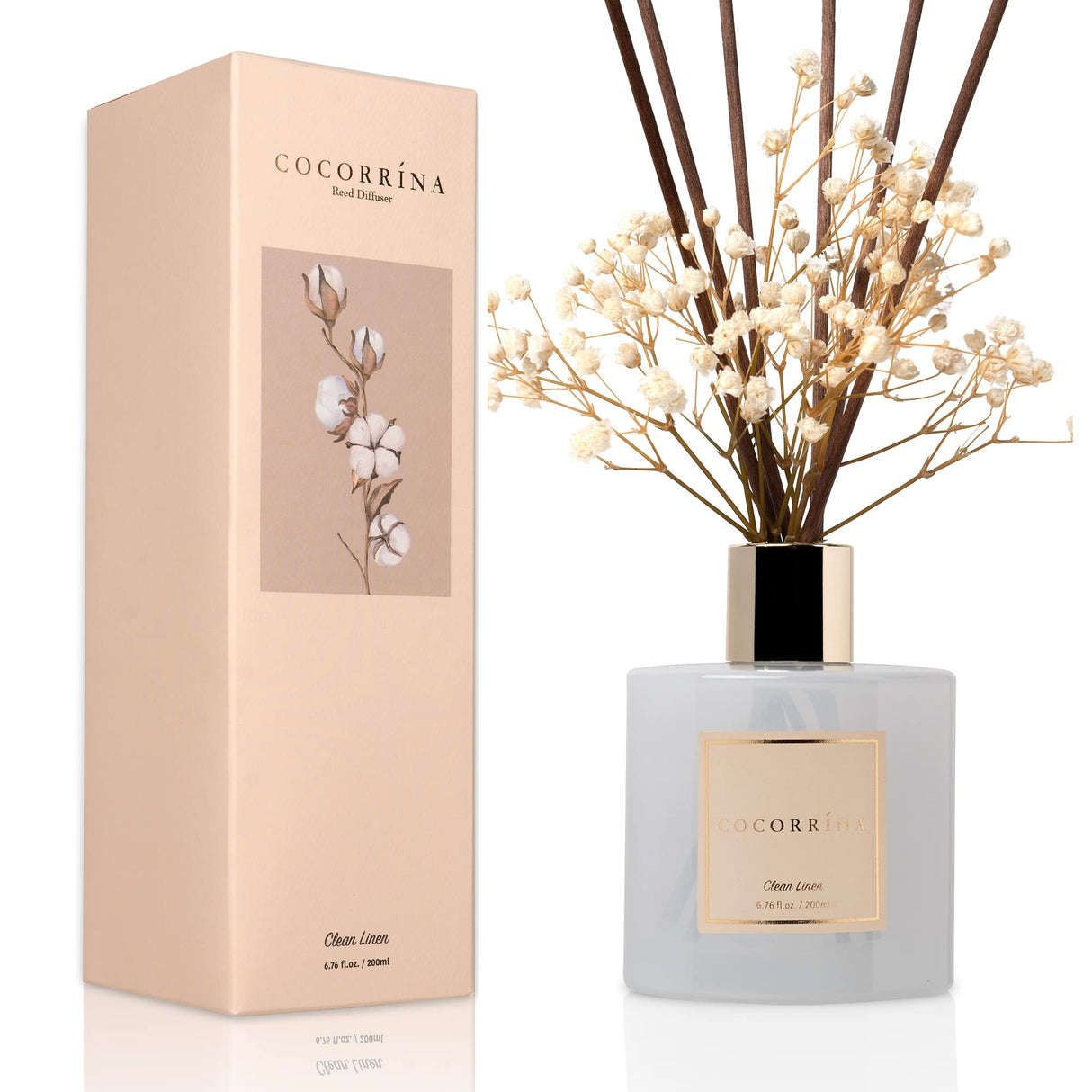 Cocorrína Reed Diffuser Set, 6.7 oz Clean Linen Scented Diffuser with Sticks Home Fragrance Reed Diffuser for Bathroom Shelf Decor COCORRÍNA