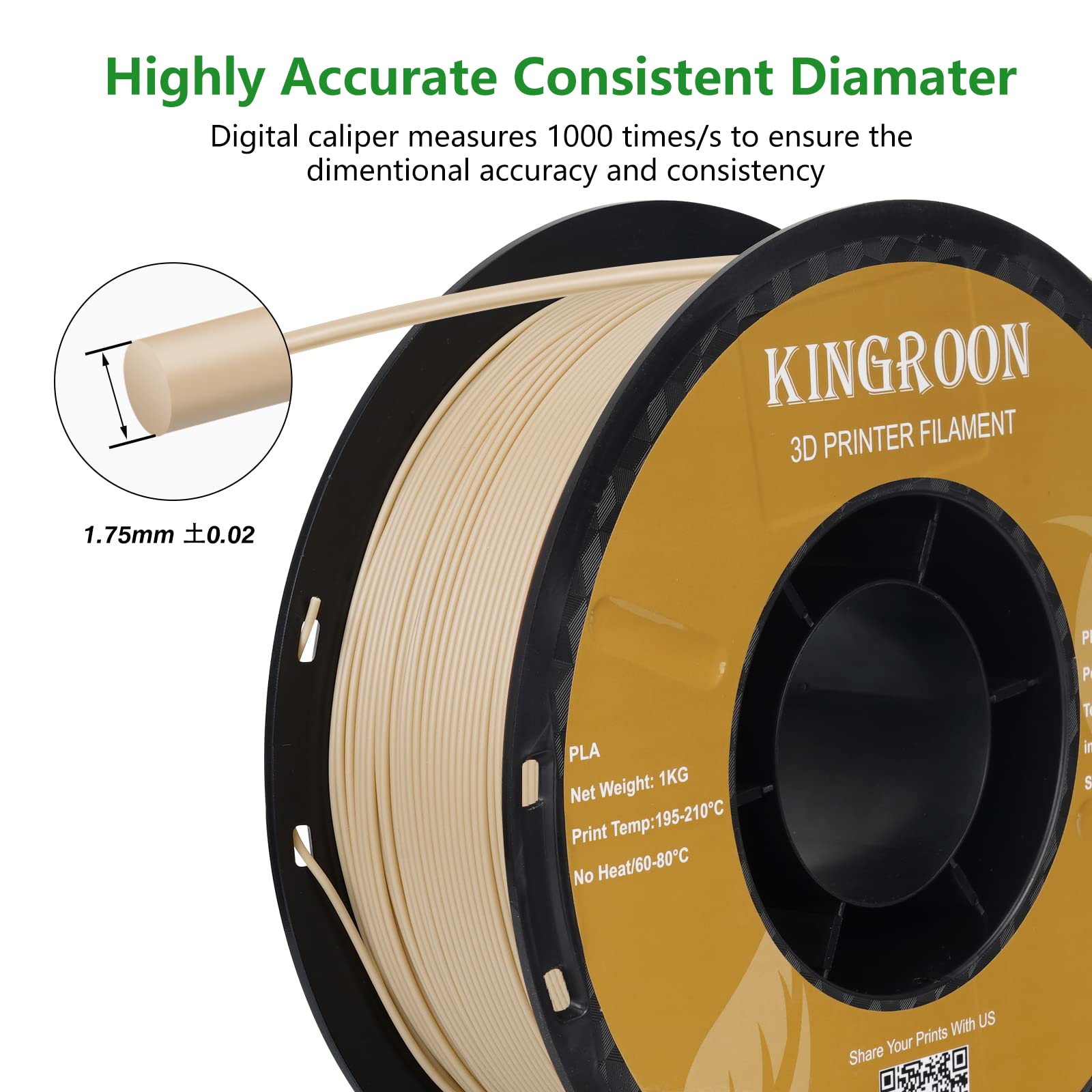 Kingroon PLA 3D Printer Filament, Dimensional Accuracy +/- 0.02 mm, 1 kg Spool(2.2lbs), 1.75 mm,Wood - WoodArtSupply