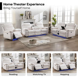 Power Recliner Sofa Set of 3 Piece with Bass Speakers for Living Room,Faux Leather Electric Zero Gravity 3 Seater Reclining Couch with Wireless Charger and Loveseat Theater Chair with LED Lights,White Comfort Stretch