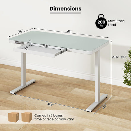 Tangkula Glass Standing Desk with Drawer, 48” x 24” Height Adjustable Electric Stand Up Desk with Tempered Glass Top, Sit Stand Desk with Memory Positions & USB Type-C Outlets for Home Office (White) Tangkula