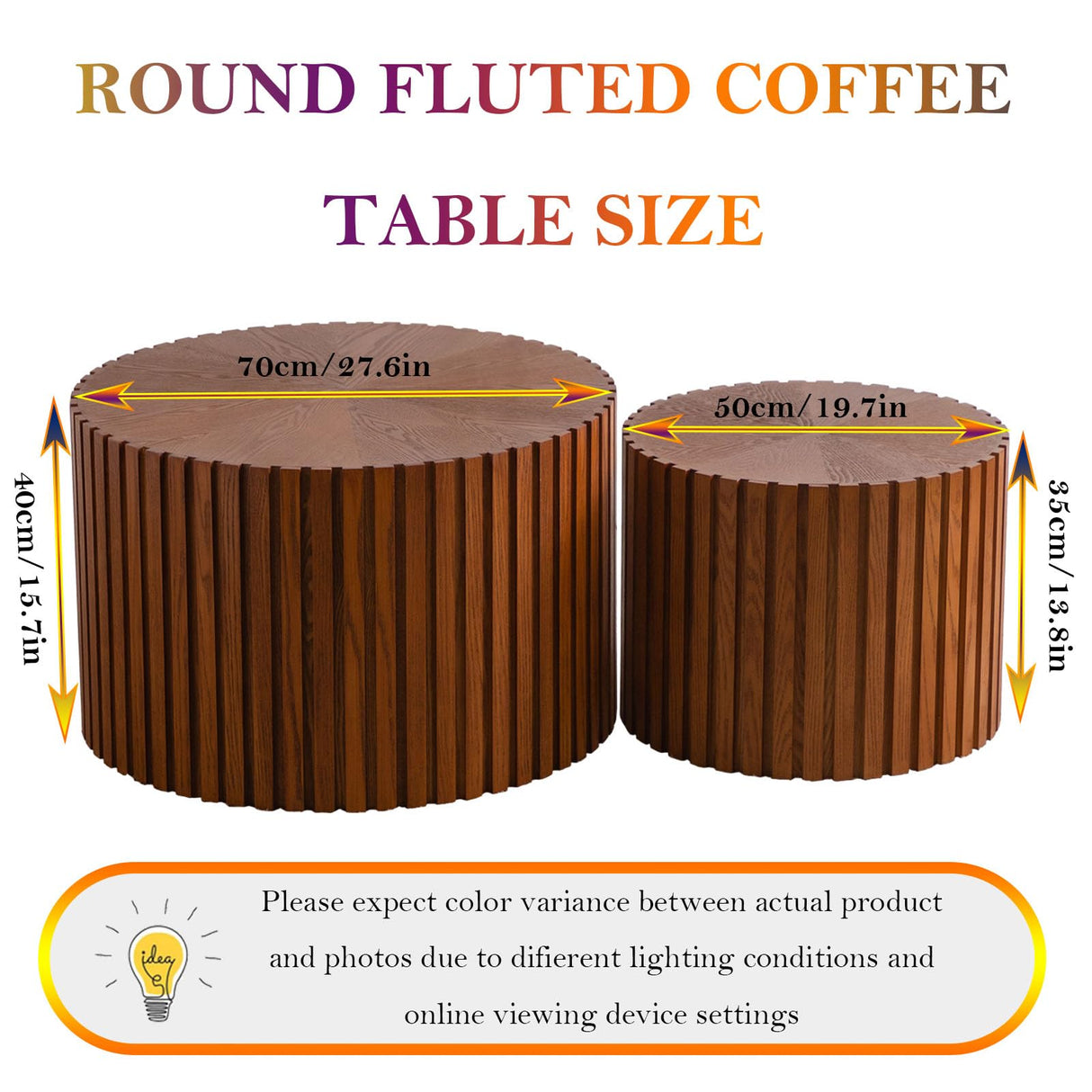 Handcraft Round Nesting Coffee Table - Chic Wave Stripe Edge, Modern Stylish Walnut Wooden Circle Fluted Center Table for Living Room (27.6in+19.7in) Generic