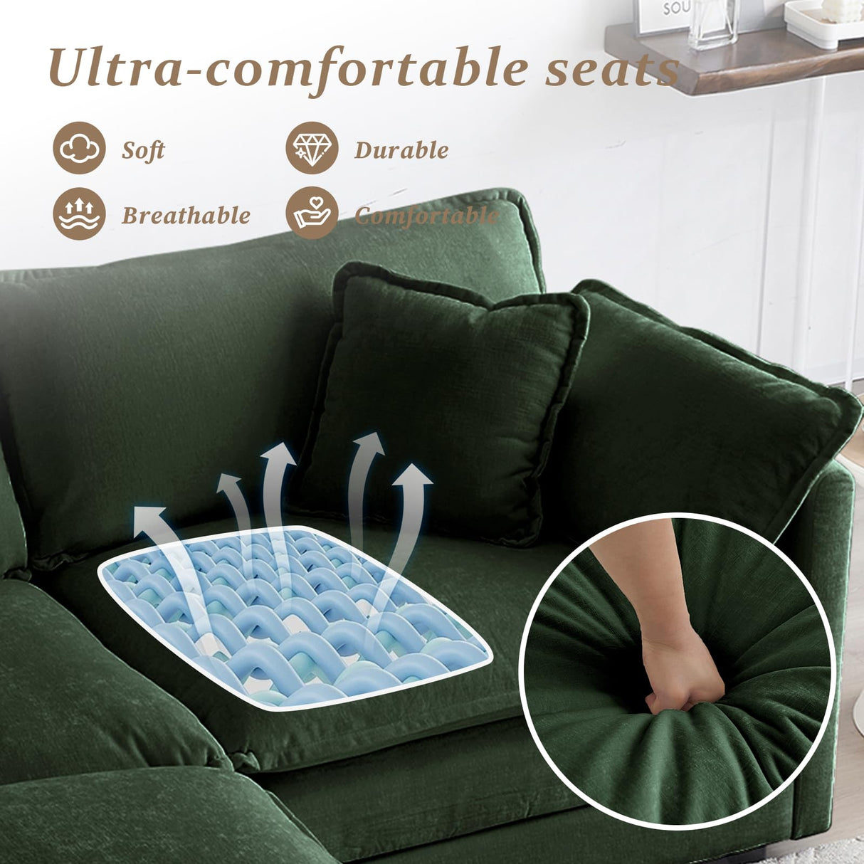 SoarFlash Chenille Sectional Sofa, Comfy L Shaped Modular Coush Sofa with Ottoman, Modern 2 Seat Couch Deep Seat Sofa Set for Living Room,Green SoarFlash