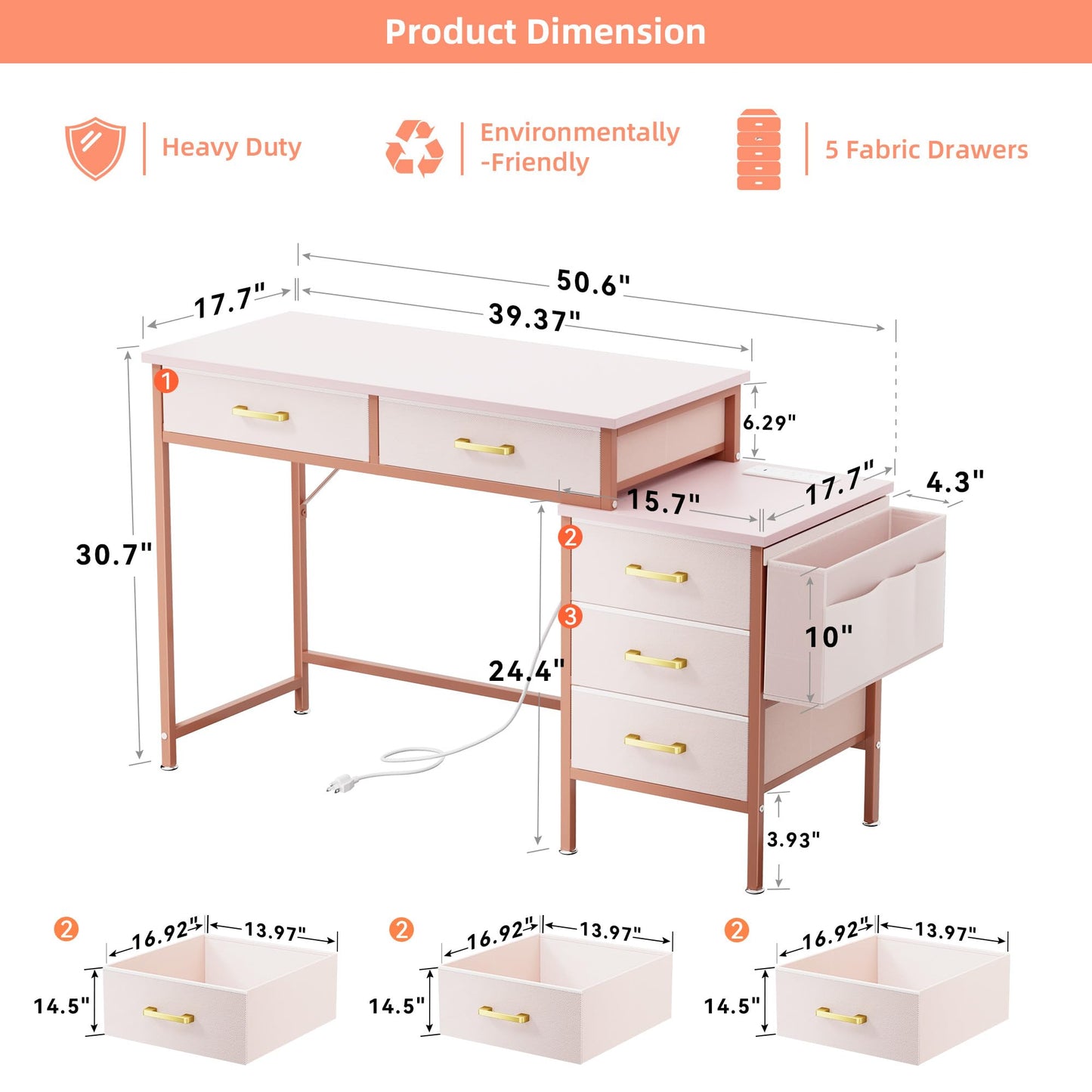 YILQQPER Computer Desk with Charging Station, Home Office Desks with Fabric Drawer File Cabinet Printer Stand, PC Desk with 5 Drawers, Study Writing Table, Work Desk with Storage, Vanity Desk, Pink