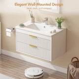30" Bathroom Vanity Cabinet with Ceramic Sink, Wall-Mounted Floating Vanity, Integrated Sink, 2 Large Storage Drawers, with Sensor LED Light, Metal Handles, for Small Bathroom, Home, Spa, Hotel, White Kikihouse