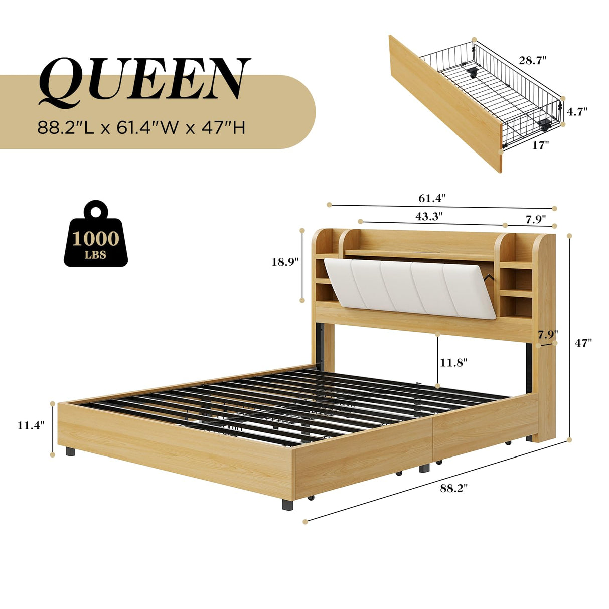 LUXOAK Queen Size Padded Upholstered Bed Frame with Headboard, Platform Bed Frame with 4 Storage Drawers & Private Storage, Bookcase Bed Frame with Charging Station, No Box Spring Needed, Maple LUXOAK