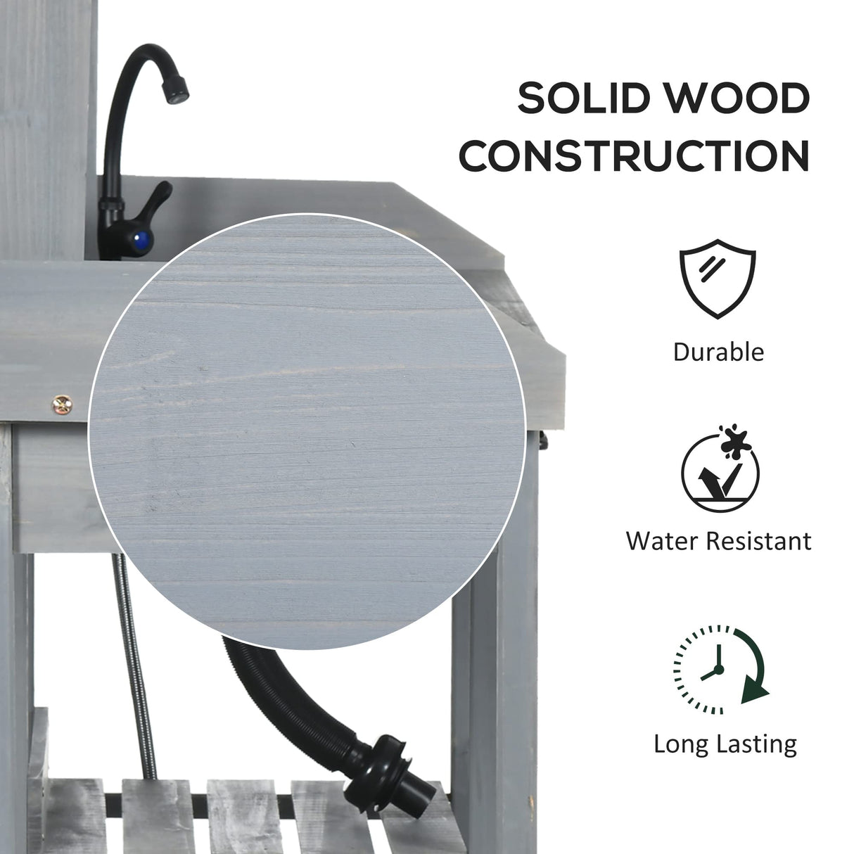 Outsunny Potting Bench Table, Outdoor Garden Table Wooden Work Station with Removable Sink, Faucet, Drawer, Shelves, Hooks, Gray Outsunny