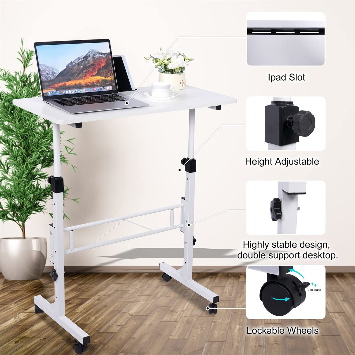 KLSMYHOKI Standing Desk Adjustable Height, Mobile Stand Up Desk with Wheels Small Computer Desk Rolling Desk, Portable Laptop Desk White Standing Table Home Office Desks 16"x31.5" Height 27"-43.5" KLSMYHOKI