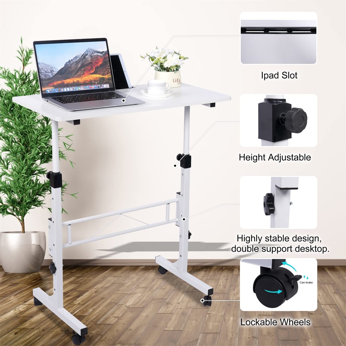 KLSMYHOKI Standing Desk Adjustable Height, Mobile Stand Up Desk with Wheels Small Computer Desk Rolling Desk, Portable Laptop Desk White Standing Table Home Office Desks 16"x31.5" Height 27"- - WoodArtSupply