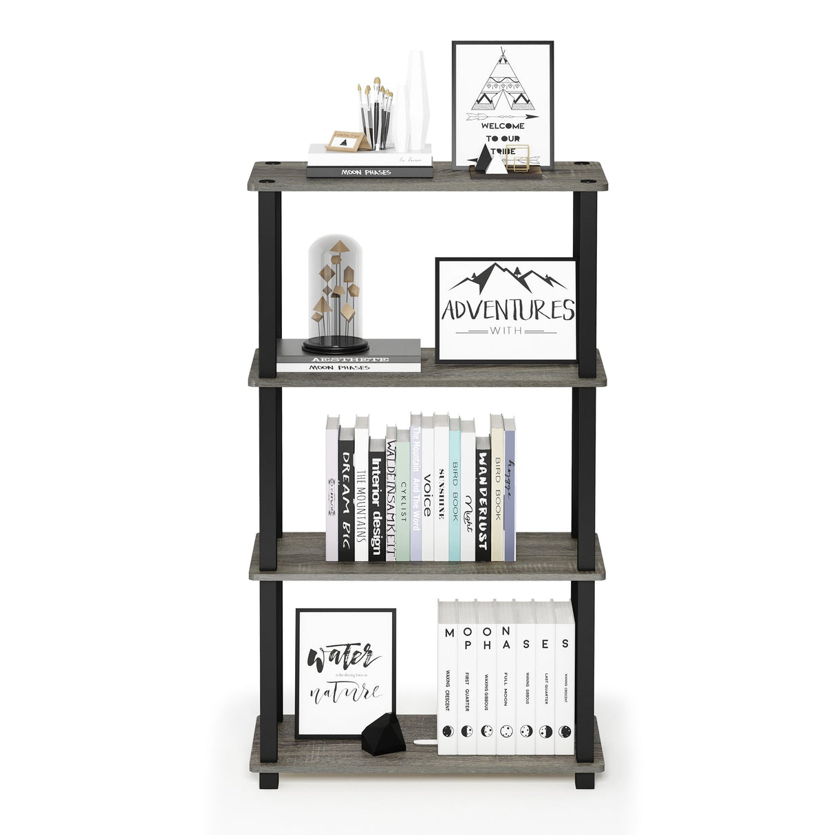 Furinno Turn-N-Tube 4-Tier Multipurpose Shelf Display Rack, Square Tube, French Oak Grey/Black Furinno