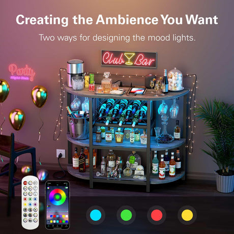 Zarler Grey Mini Bar Cabinet with LED Lights and Power Outlet – Stylish 4-Tier Liquor Stand Zarler
