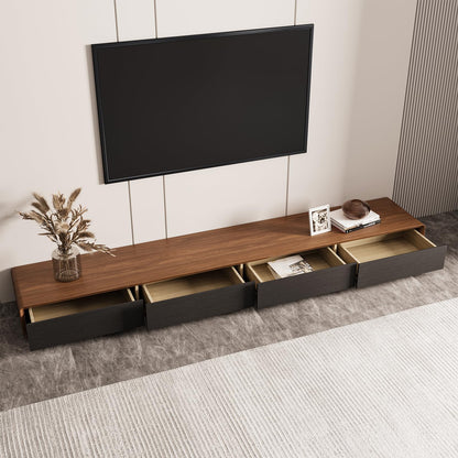 POVISON Modern TV Stand, Media Console with 4 Drawers, Soild Wood Entertainment Center for 75+ 90 Inch TV, Fully-Assembled, Black & Walnut Veneer, 94.5”