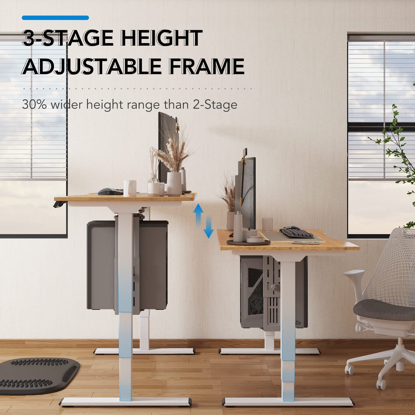 Standing Desk with Dual Motor, 3-Stage Lifting Column, Handset with 3 Preset and Sit-Stand Reminder - 60 inch Whole Piece Real Bamboo Desk/White Frame, Height Adjustable Desk for Home and Office