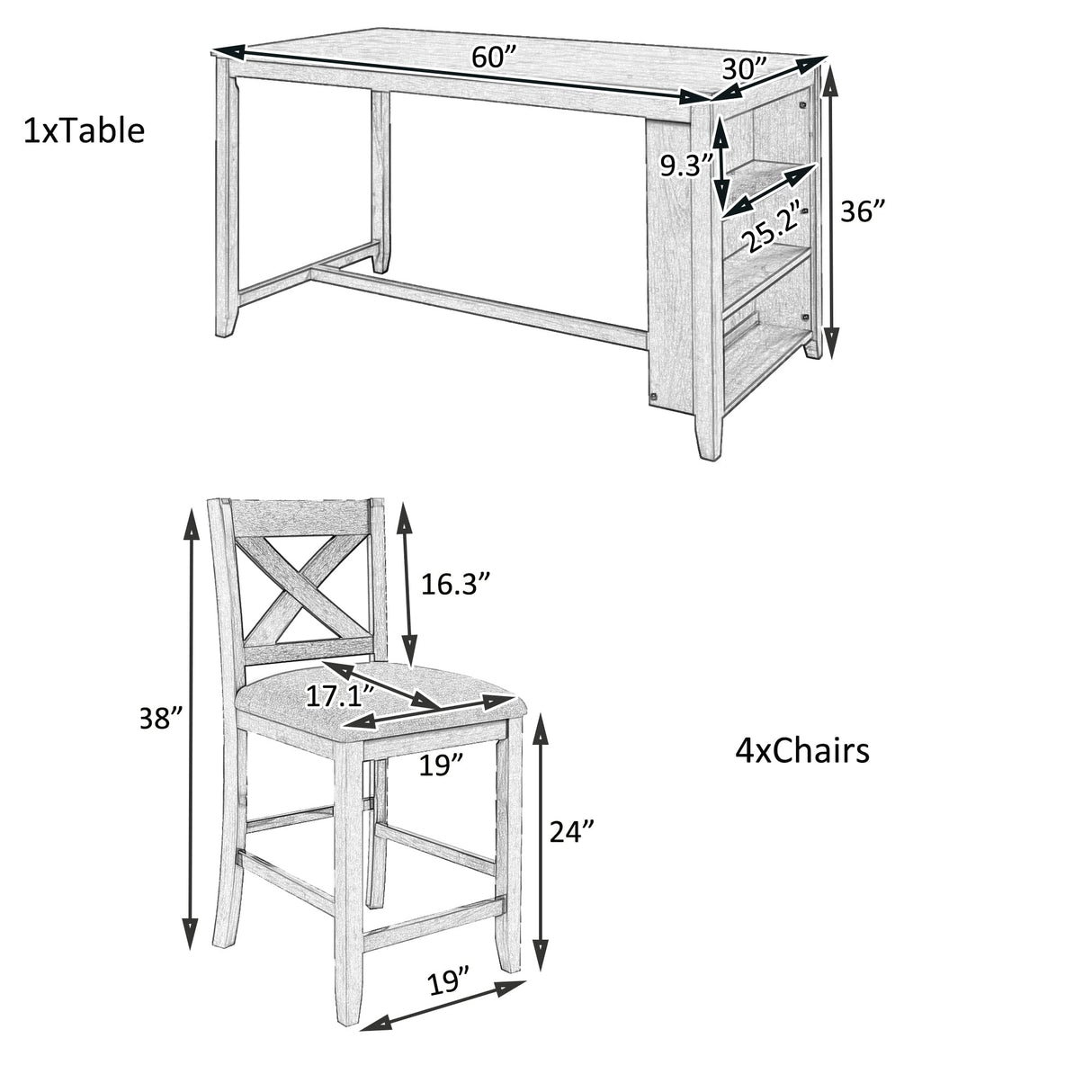 5 Pieces Counter Height Wooden Bar Table Set with 3-Tier Shelf and 4 Chairs, Rustic Farmhouse Dining Table Set for 4, White Harper & Bright Designs