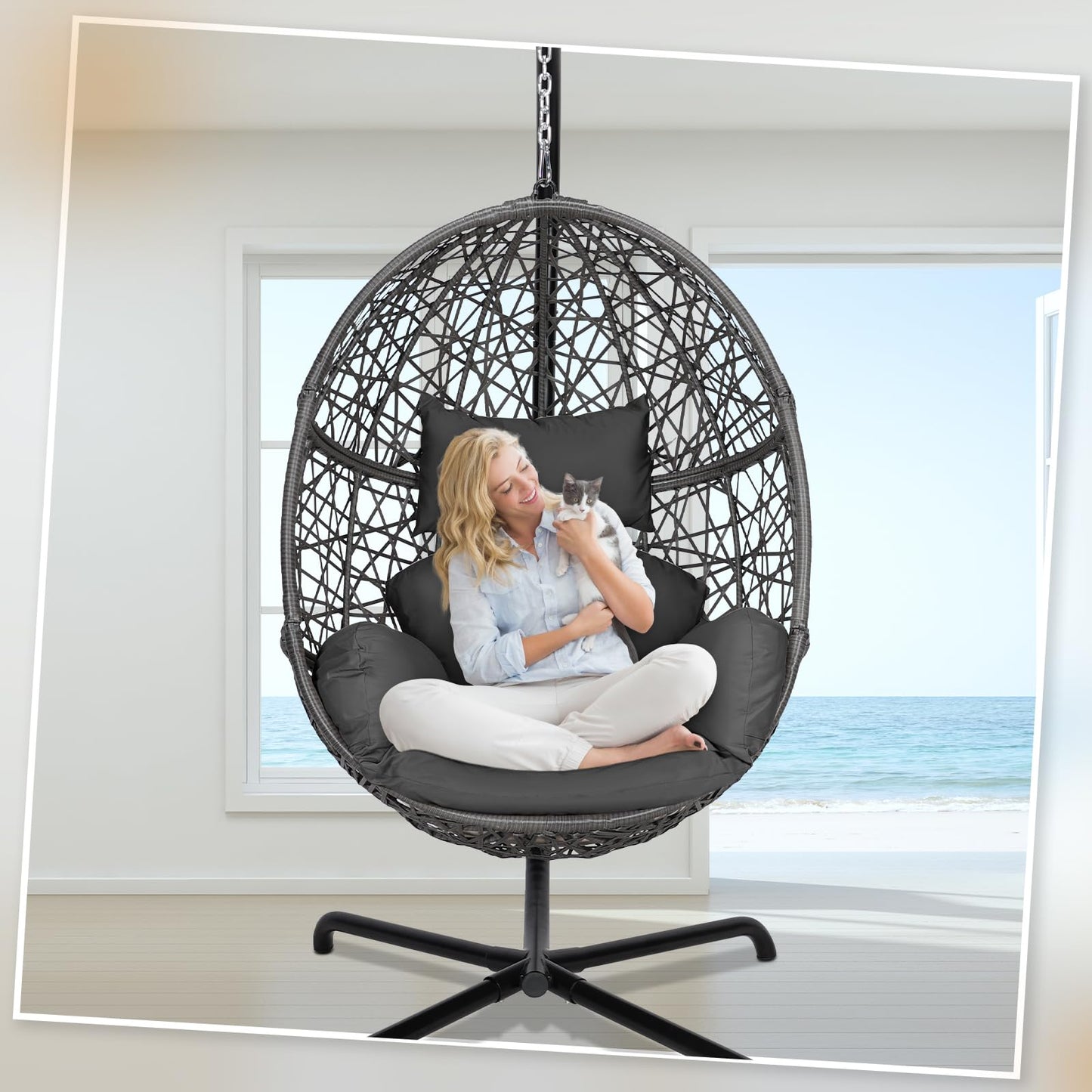 BULEXYARD Oversized Swing Egg Chair with Stand Indoor Outdoor PE Wicker Rattan Patio Basket Large Hanging Chair with Waterproof Cushions for Bedroom Balcony Patio (Dark Gray)