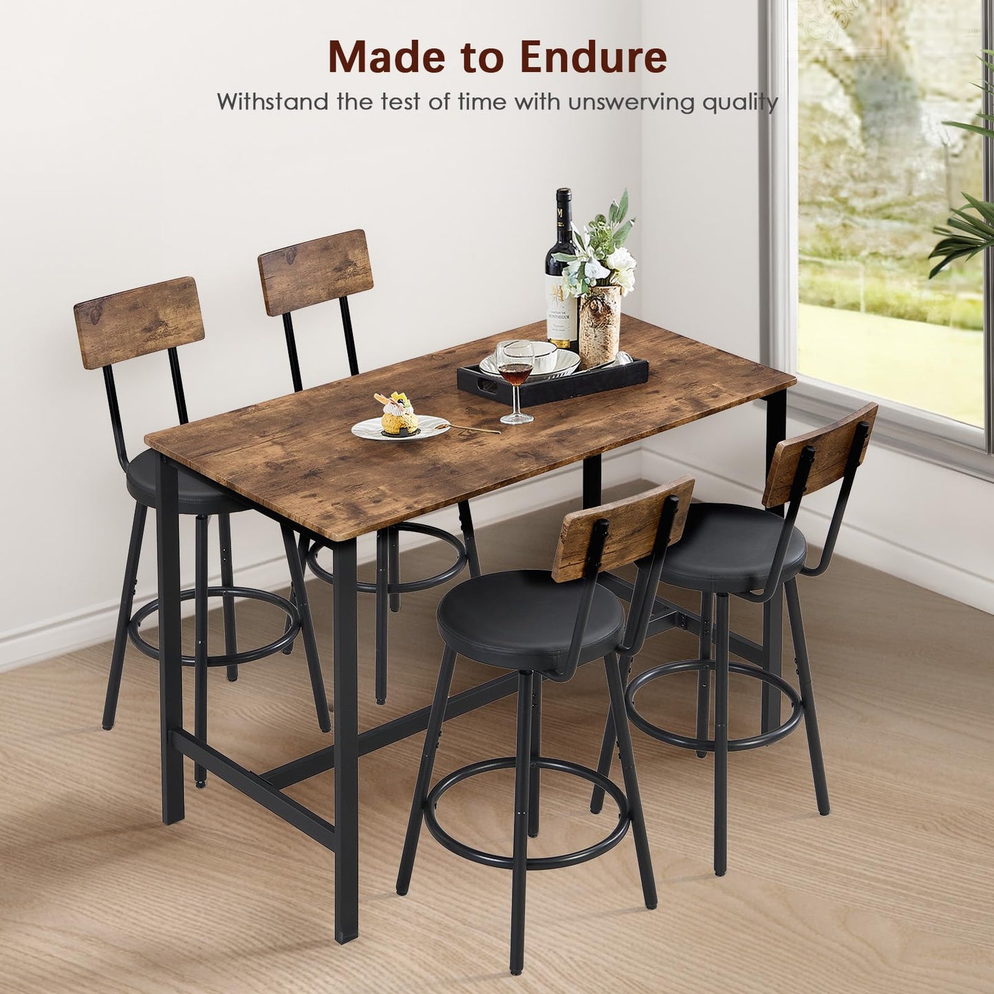 Tatub 5-Piece High Dining Table and Chairs Set for 4 - Brown Industrial Design