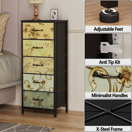 Furnulem Vertical Dresser for Bedroom, Tall Skinny Storage Tower with 5 Fabric Drawers, Chest of Drawers for Living Room, Dorm, Entryway, Vintage Furniture, Wood Top Furnulem