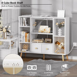 Furologee White Cube Shelf with 2 Drawers, 42inch Triple Wide Bookshelf with Power Outlets and LED Lights, 4-Tier Wood Bookcase Freestanding with Legs, Large 8 Cube Organizer for Bedroom, Living Room Furologee