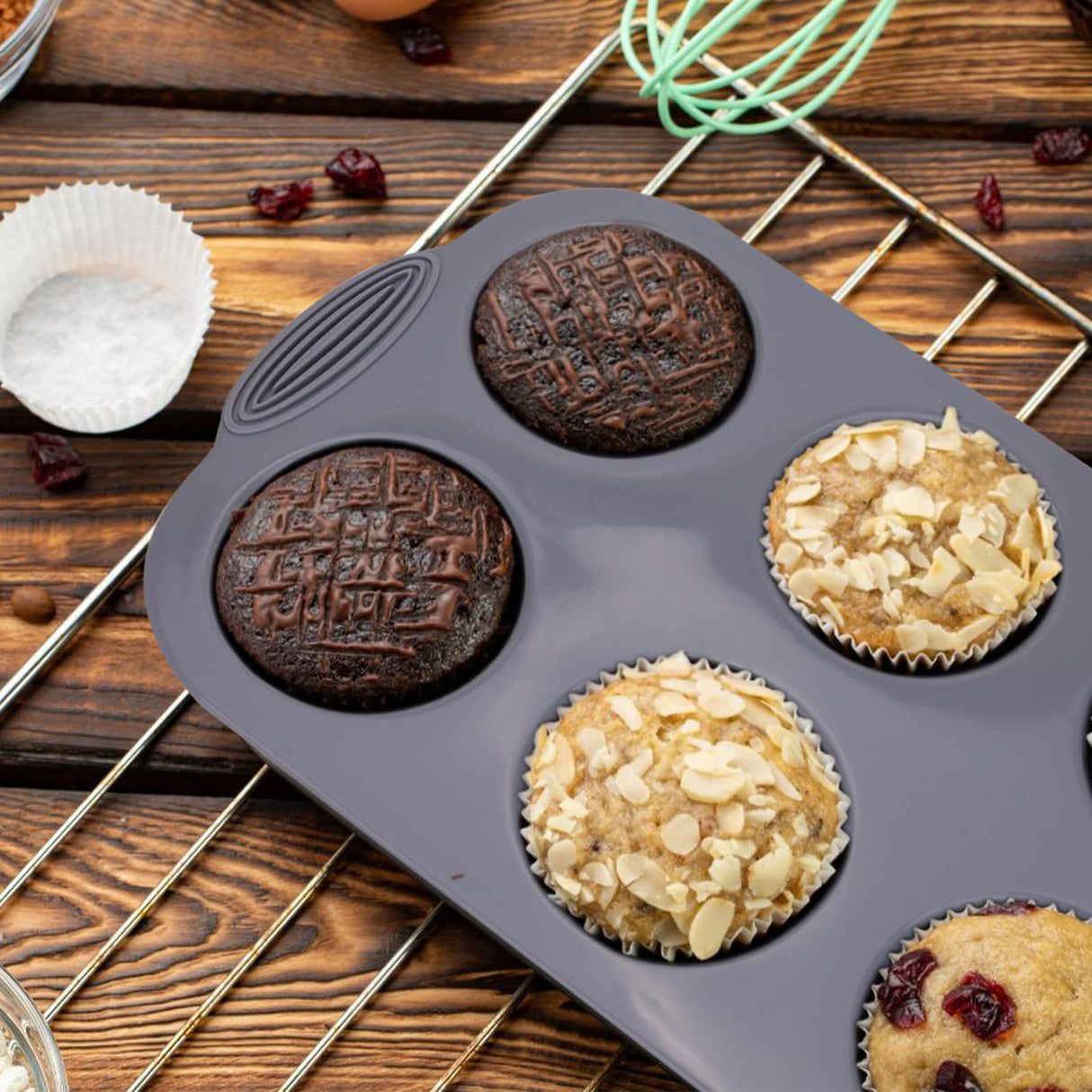 Silicone Muffin Pan - 6-Cavity Nonstick Baking Tray for Muffins, Cupcakes, Brownies and More - Food Grade and BPA Free - Pack of 3 Colors (Gray, Orange, Peacock Blue) Baocuan