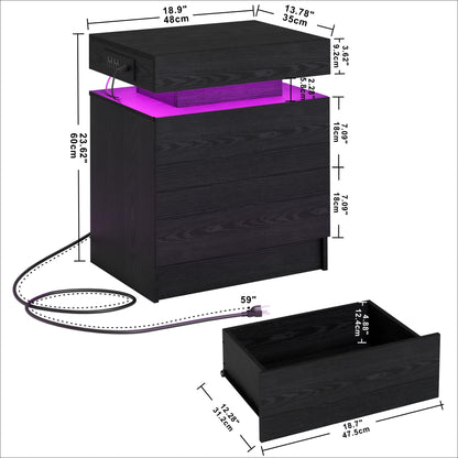 LIKIMIO Night Stand with Charging Station, Modern Black Nightstand with LED Light and Drawers, Bedside Tables/End Table for Bedroom - WoodArtSupply