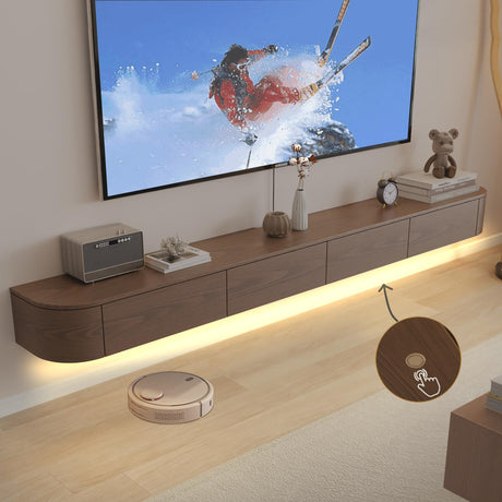 Ribanedy Solid Wood Modern Floating TV Stand with LED Lighting | Wall-Mounted Entertainment Console with Flip-Top Doors | TV Bench for Living Room & Office (Brown, 86.6'') Ribanedy