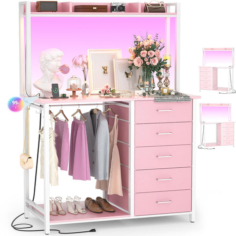 Cyclysio Dresser for Bedroom with Hutch & Clothes Rack, 70'' Tall 5 Drawers Dresser with Shelves, Pink Dressers Closet with Charging Station & LED Lights, Bedroom, Pink Cyclysio
